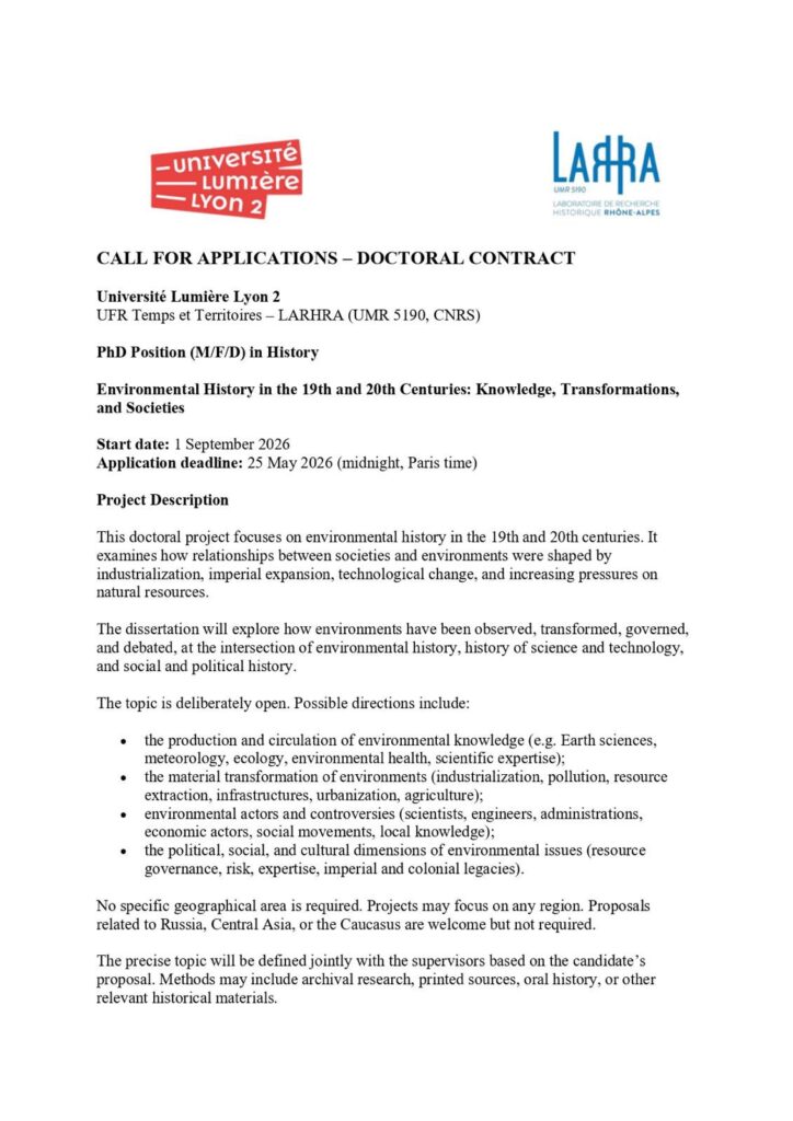 Phd Position in Environmental History